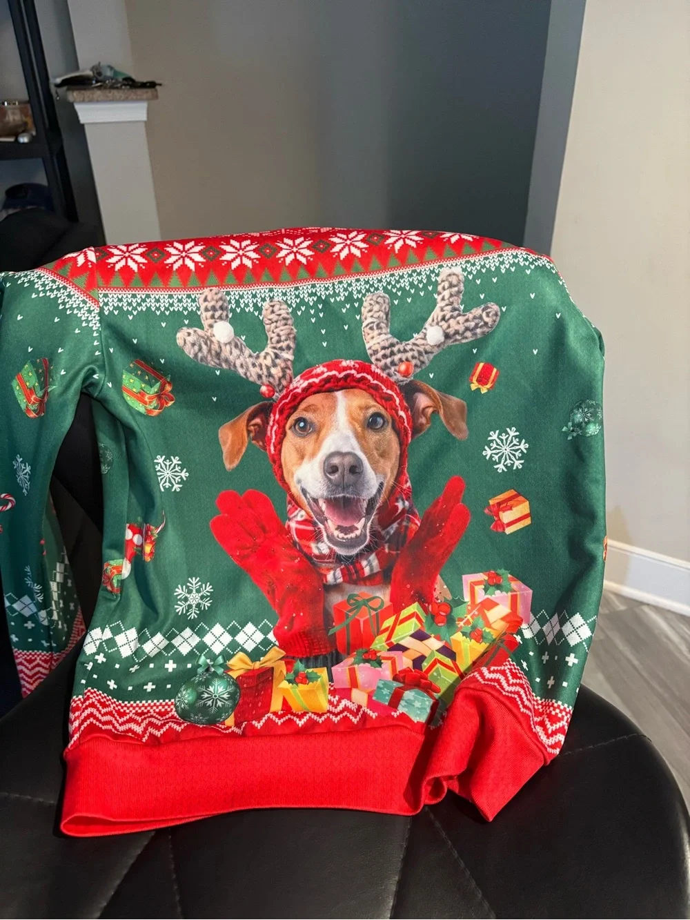 Abrand Green & Red Holiday Dog Throw with Reindeer Pup Design